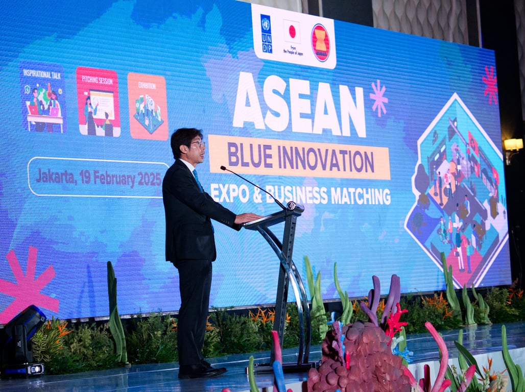 Duta besar Kiya Masahiko memberikan opening remarks pada pembukaan ASEAN Blue Innovation Expo and Business Matching. Foto: Roy Prasetyo